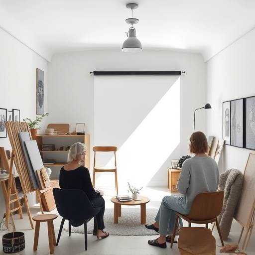 Artistic rendering of a small gathering or workshop in The Minimalist studio