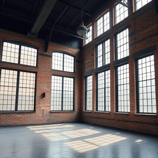 Brightly lit studio loft with large windows and exposed brick walls