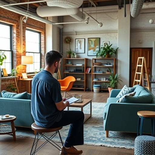 Creative director reviewing proofs in the lounge area of The Loft