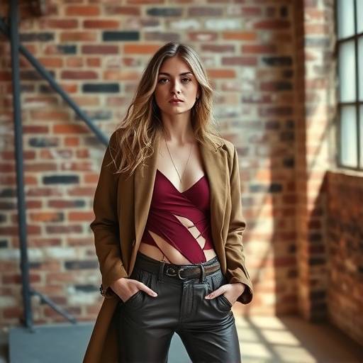 Fashion model posing against exposed brick wall in The Loft studio