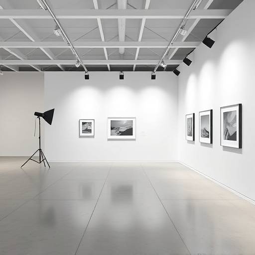Minimalist studio gallery with white walls and professional lighting equipment