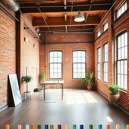 Wide view of The Loft studio showing exposed brick and ample window light